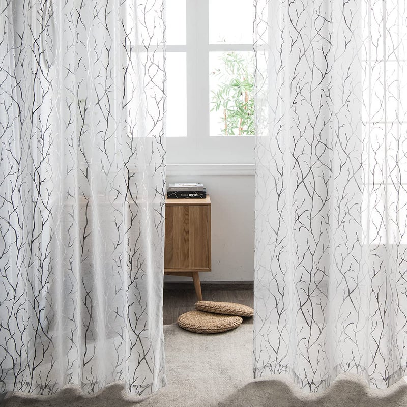 Kotile Silver White Sheer Curtains 84 Inches Long - Printed Classy Silver Tree Branch Curtains for Bedroom Grommet Top Window Tree Curtains for Living Room, 52 x 84 Inch, 2 Panels, Silver and White - Image 2